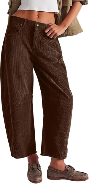 Gumipy Womens Corduroy Pants Casual Elastic Mid Rise Barrel Pants Baggy Wide Leg Pants Trendy Cropped Pants with Pockets