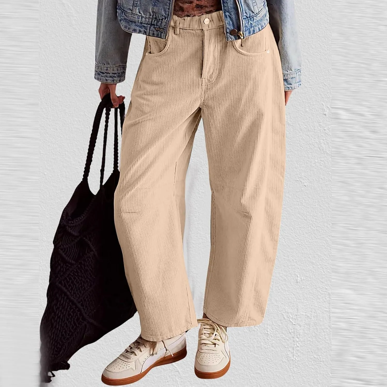 Gumipy Womens Corduroy Pants Casual Elastic Mid Rise Barrel Pants Baggy Wide Leg Pants Trendy Cropped Pants with Pockets