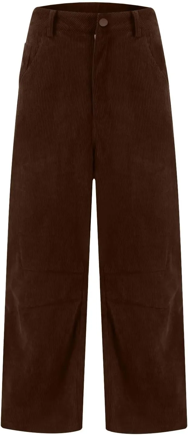 Gumipy Womens Corduroy Pants Casual Elastic Mid Rise Barrel Pants Baggy Wide Leg Pants Trendy Cropped Pants with Pockets