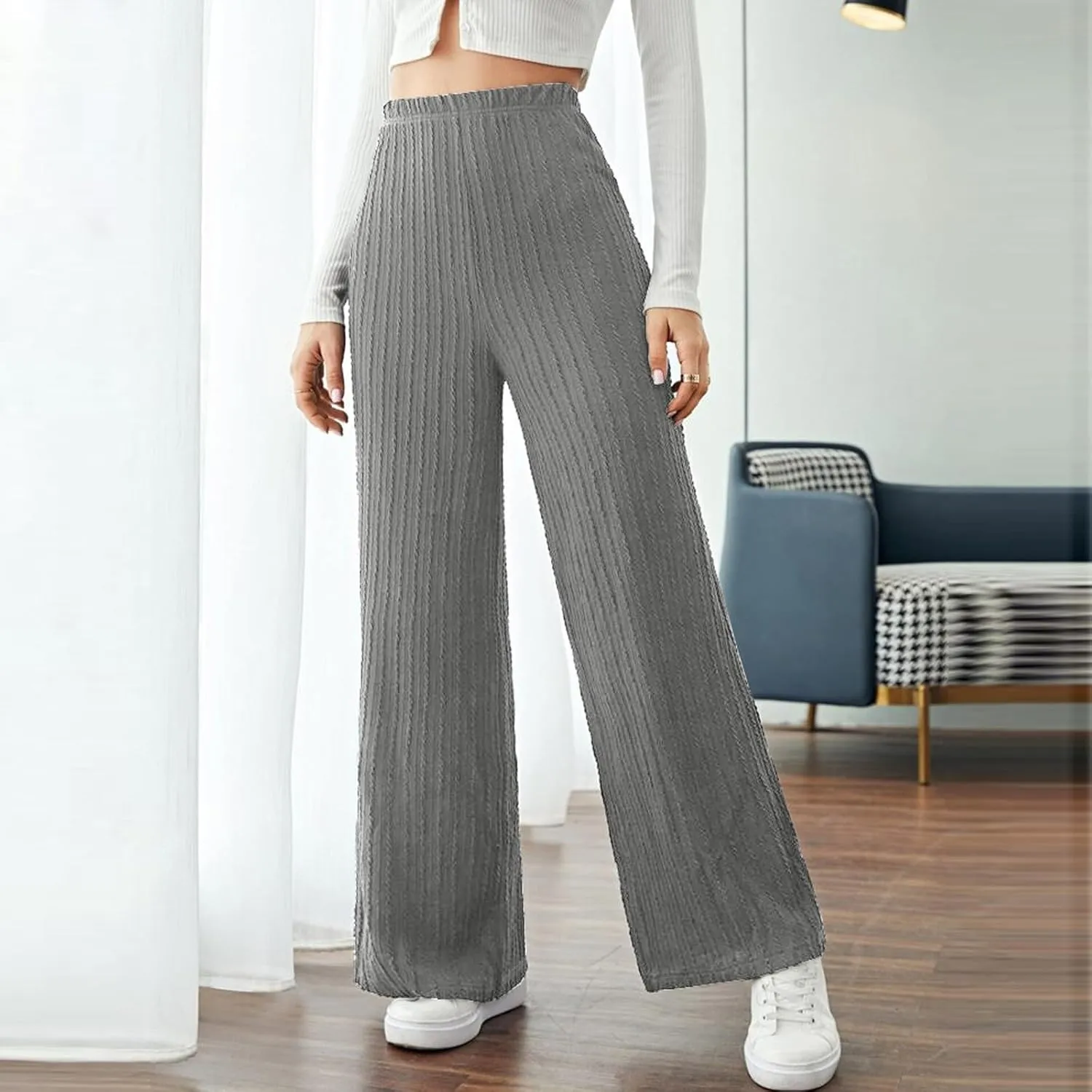 Gumipy Womens Ribbed Knit Wide Leg Pants Elastic Waist Lounge Pants Loose Fit Comfy Palazzo Pants Trendy Trouser Yoga Pants