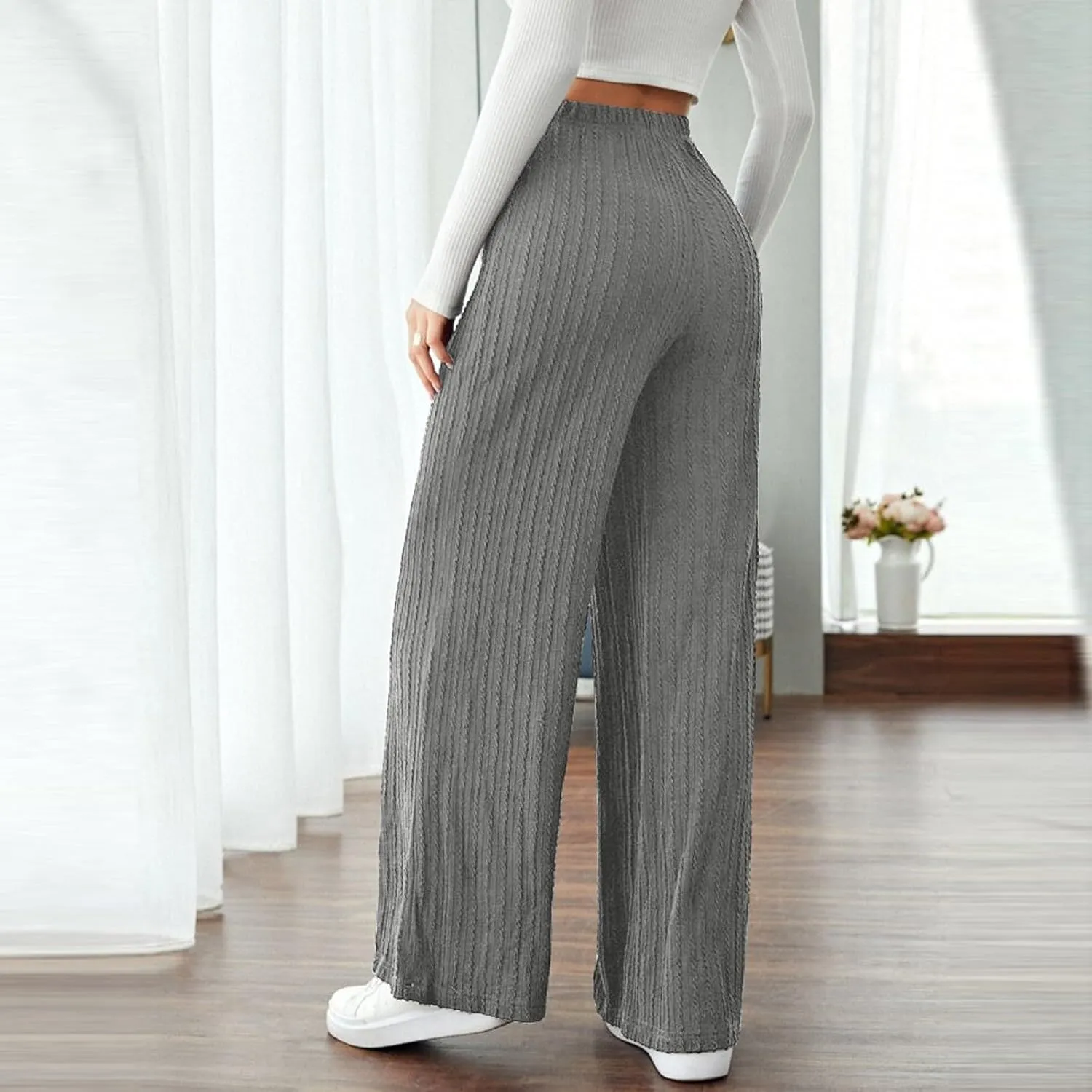 Gumipy Womens Ribbed Knit Wide Leg Pants Elastic Waist Lounge Pants Loose Fit Comfy Palazzo Pants Trendy Trouser Yoga Pants