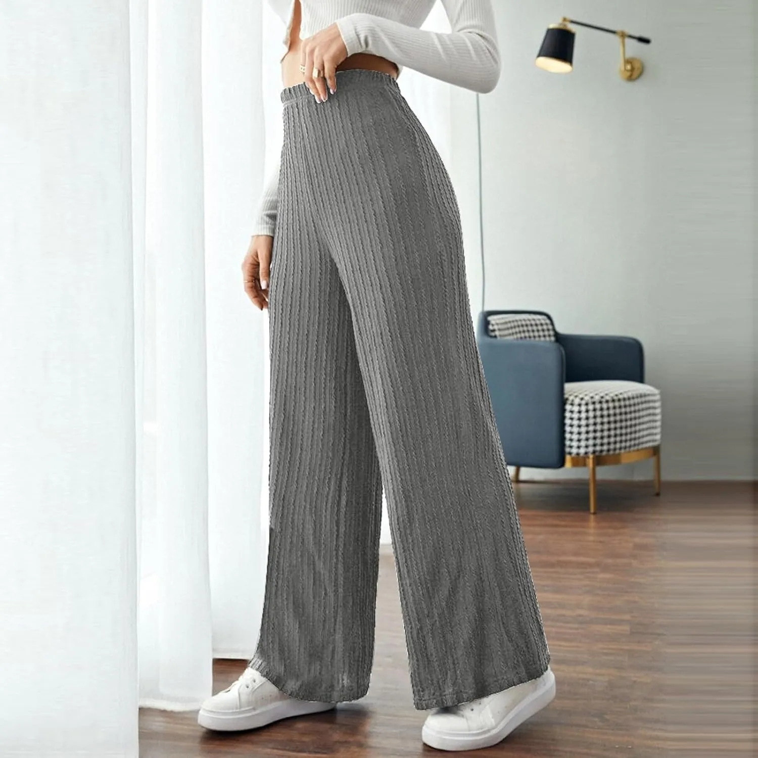 Gumipy Womens Ribbed Knit Wide Leg Pants Elastic Waist Lounge Pants Loose Fit Comfy Palazzo Pants Trendy Trouser Yoga Pants