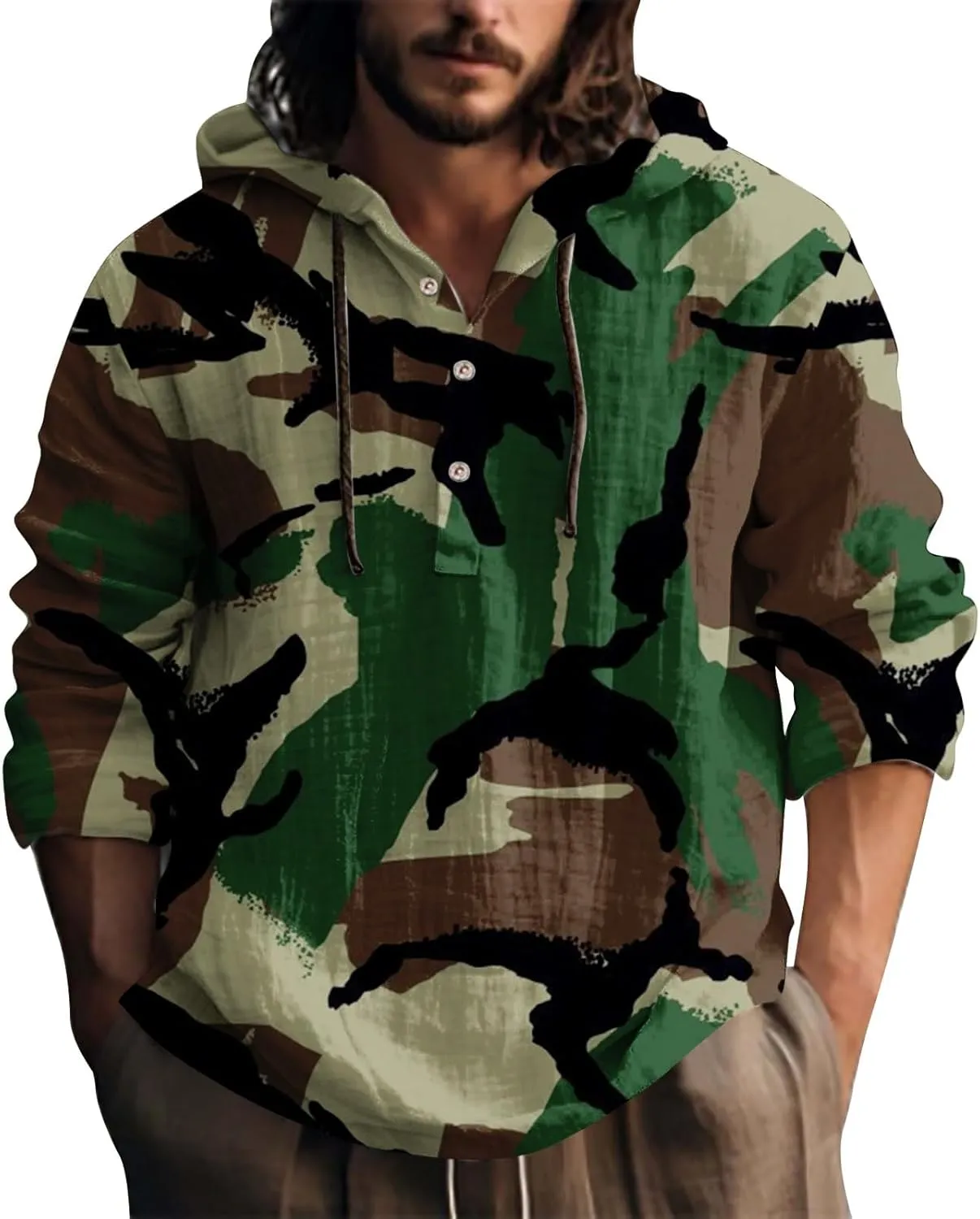 Hoodie for Men Drawstring Casual Beach Shirt Men's Casual Fashion Hooded Spring and Long Sleeve Hippie Men's