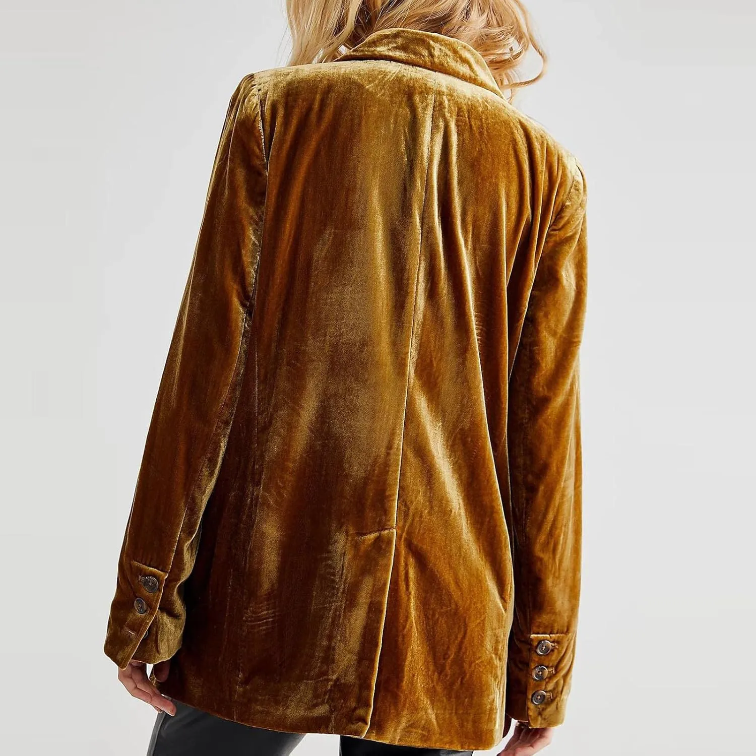 Hot New Velvet Blazer for Women Long Sleeve Collared Suit Jacket Double-Breasted Trench Coats Baggy Blazers Outerwear