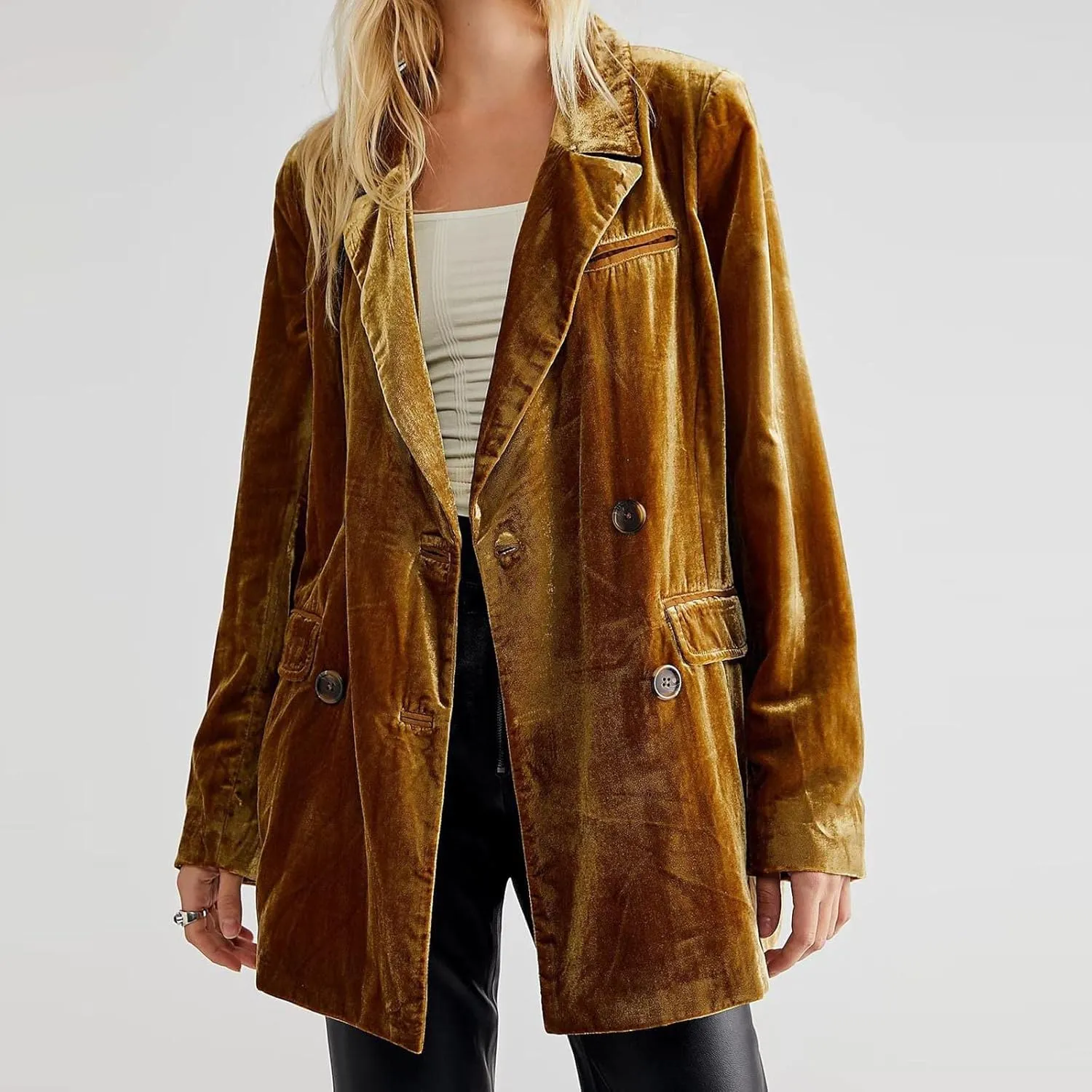 Hot New Velvet Blazer for Women Long Sleeve Collared Suit Jacket Double-Breasted Trench Coats Baggy Blazers Outerwear