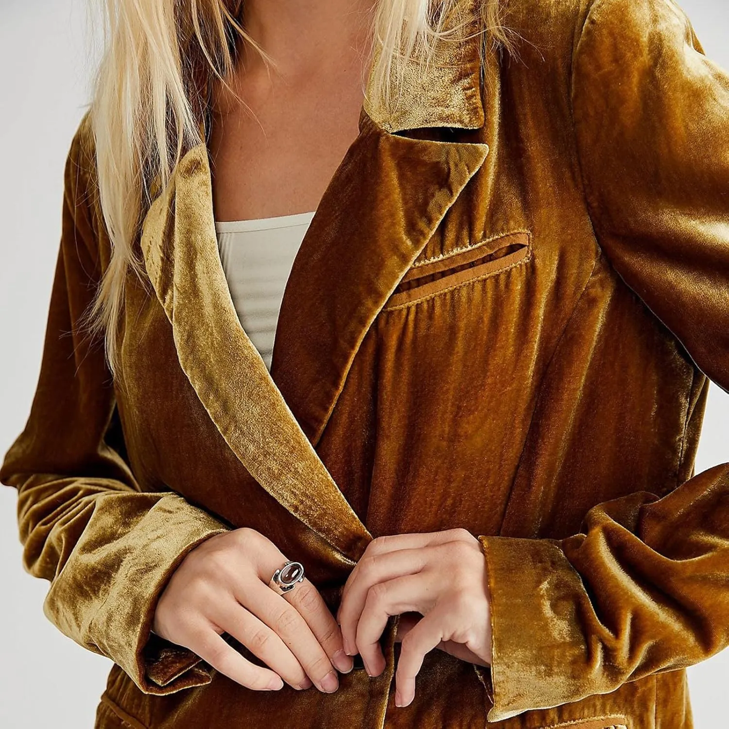Hot New Velvet Blazer for Women Long Sleeve Collared Suit Jacket Double-Breasted Trench Coats Baggy Blazers Outerwear