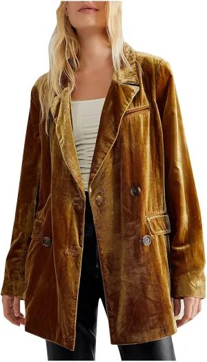 Hot New Velvet Blazer for Women Long Sleeve Collared Suit Jacket Double-Breasted Trench Coats Baggy Blazers Outerwear