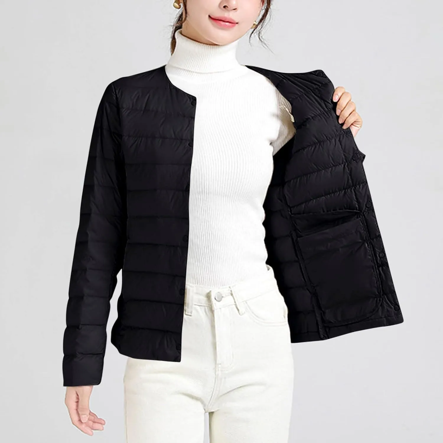 Lightweight Puffer Jacket Women Button Down Jacket Packable Down Jacket Quilted Insulated Jacket Trendy Winter Coat