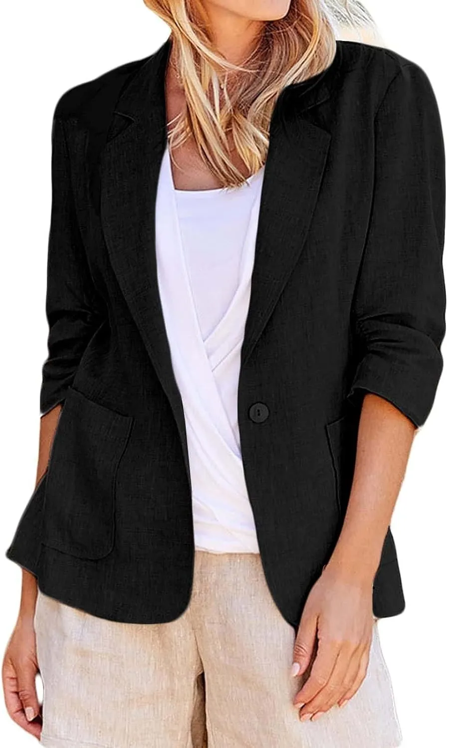 linen blazer women 3/4 sleeve Ruched One Button Lightweight plus size Slim Casual Work Office Jacket with Pockets
