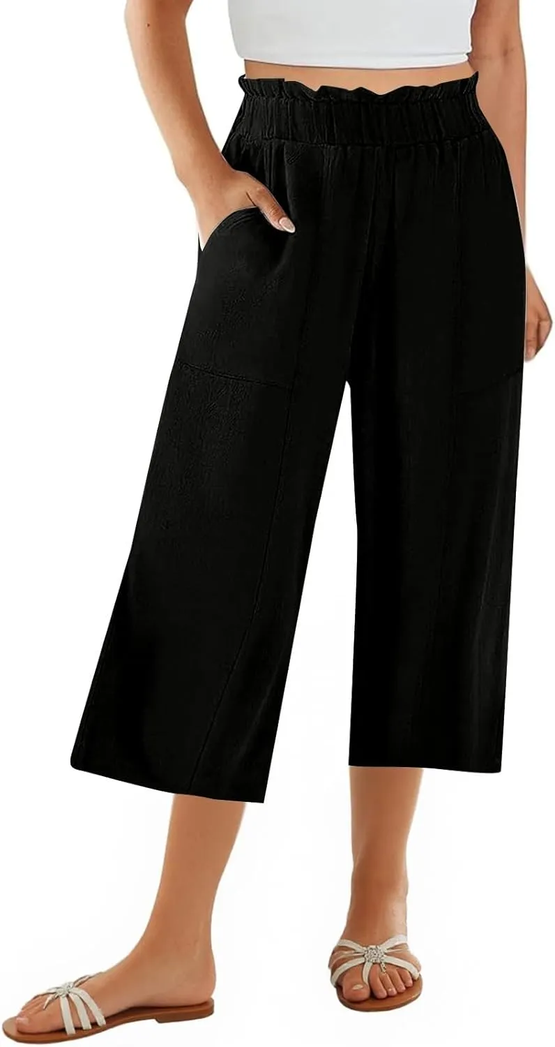 Linen Capri Pants for Women Trendy Summer Loose Fit High Waisted Paperbag Pants Casual Pull on Beach Cropped Trouser