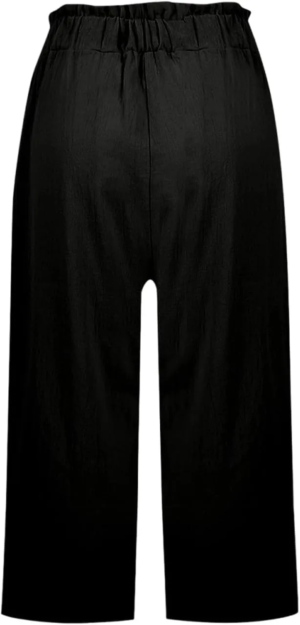 Linen Capri Pants for Women Trendy Summer Loose Fit High Waisted Paperbag Pants Casual Pull on Beach Cropped Trouser