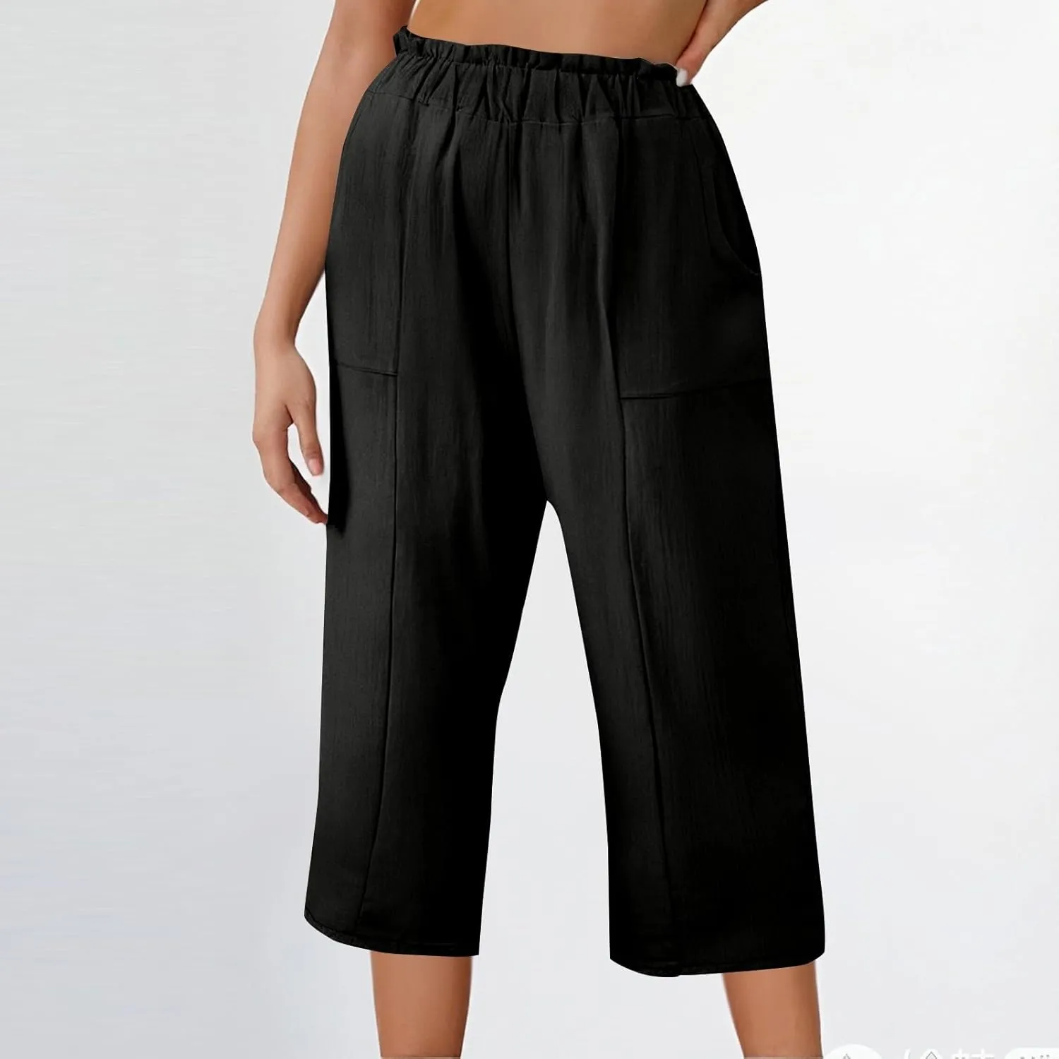 Linen Capri Pants for Women Trendy Summer Loose Fit High Waisted Paperbag Pants Casual Pull on Beach Cropped Trouser