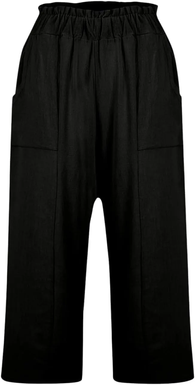 Linen Capri Pants for Women Trendy Summer Loose Fit High Waisted Paperbag Pants Casual Pull on Beach Cropped Trouser