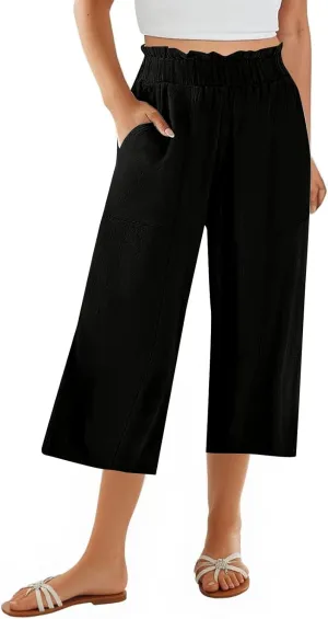 Linen Capri Pants for Women Trendy Summer Loose Fit High Waisted Paperbag Pants Casual Pull on Beach Cropped Trouser