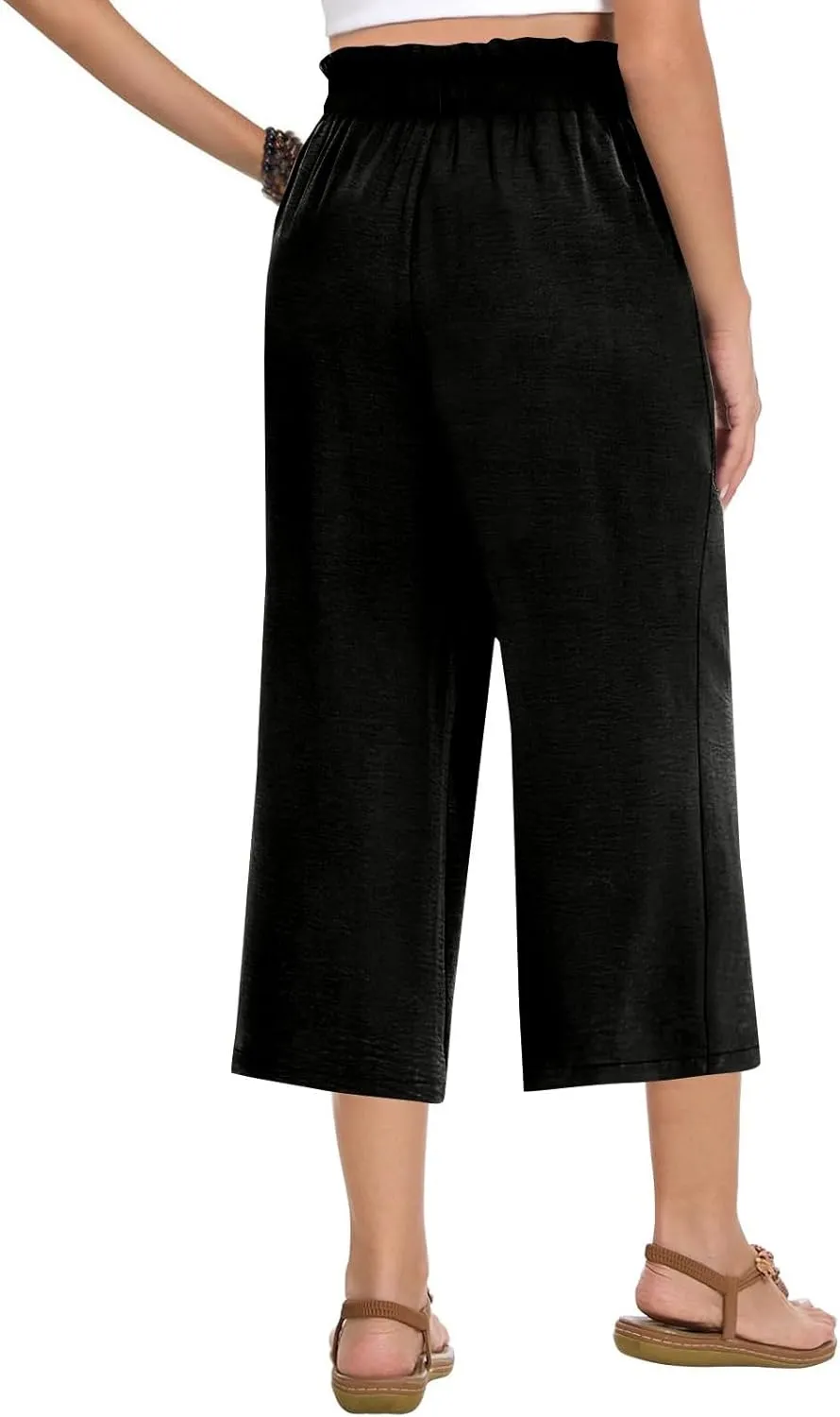 Linen Capri Pants for Women Trendy Summer Loose Fit High Waisted Paperbag Pants Casual Pull on Beach Cropped Trouser