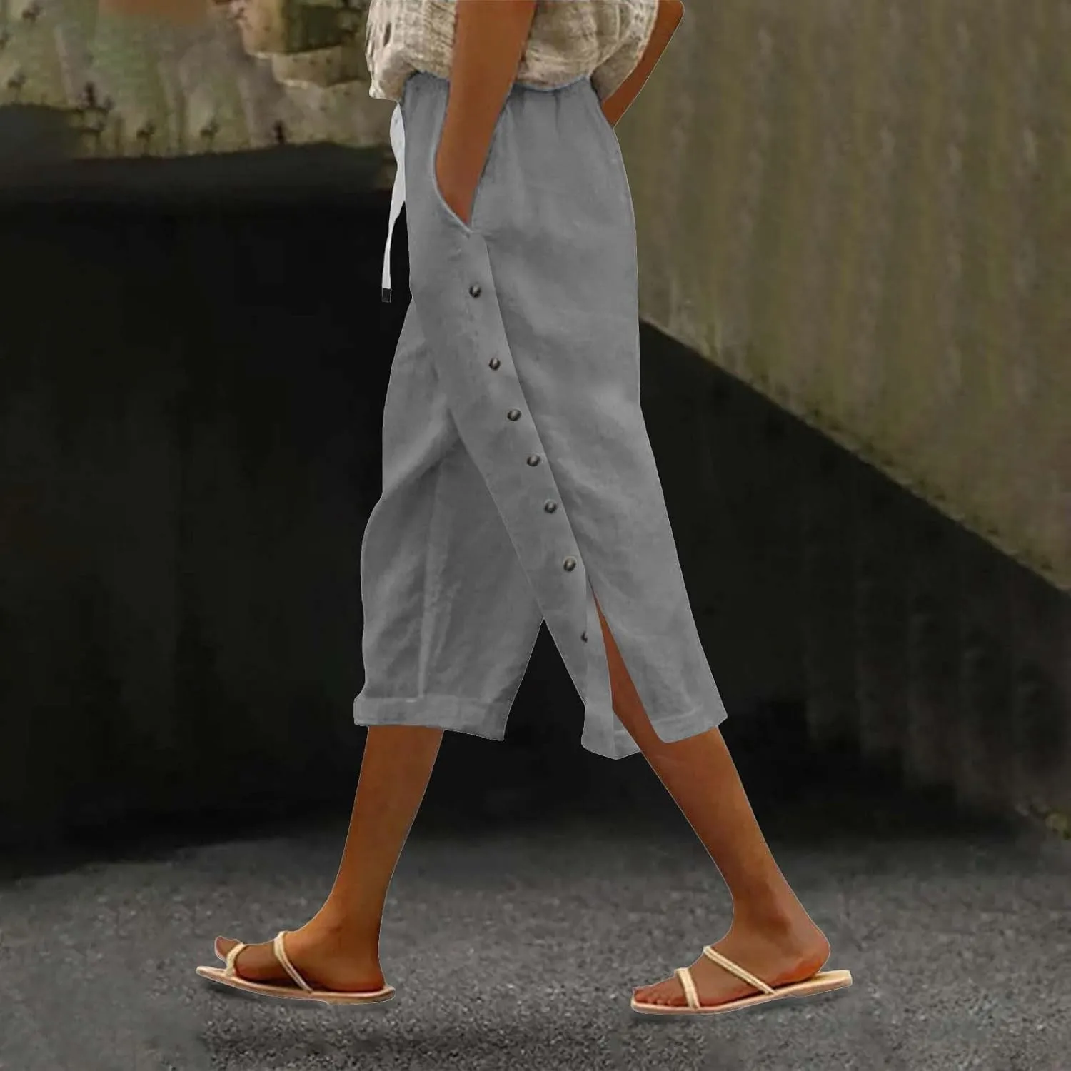 Linen Pants for Women,2025 Summer Elastic Straight Leg Cropped Capris Casual Side Button Beach Trouser with Pockets