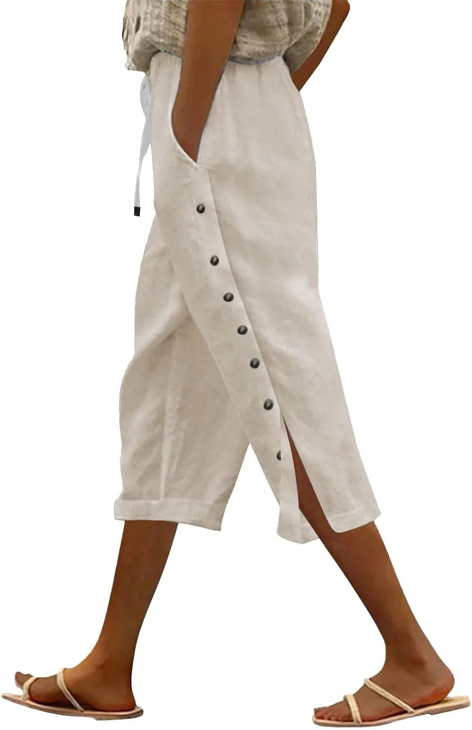 Linen Pants for Women,2025 Summer Elastic Straight Leg Cropped Capris Casual Side Button Beach Trouser with Pockets