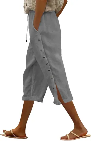 Linen Pants for Women,2025 Summer Elastic Straight Leg Cropped Capris Casual Side Button Beach Trouser with Pockets