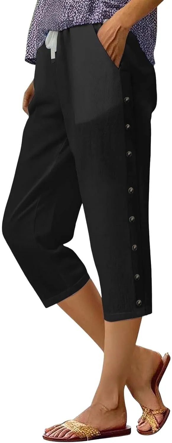 Linen Pants for Women,2025 Summer Elastic Straight Leg Cropped Capris Casual Side Button Beach Trouser with Pockets
