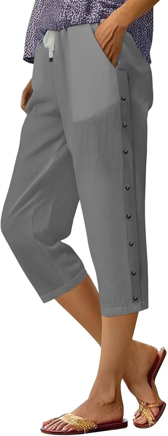 Linen Pants for Women,2025 Summer Elastic Straight Leg Cropped Capris Casual Side Button Beach Trouser with Pockets