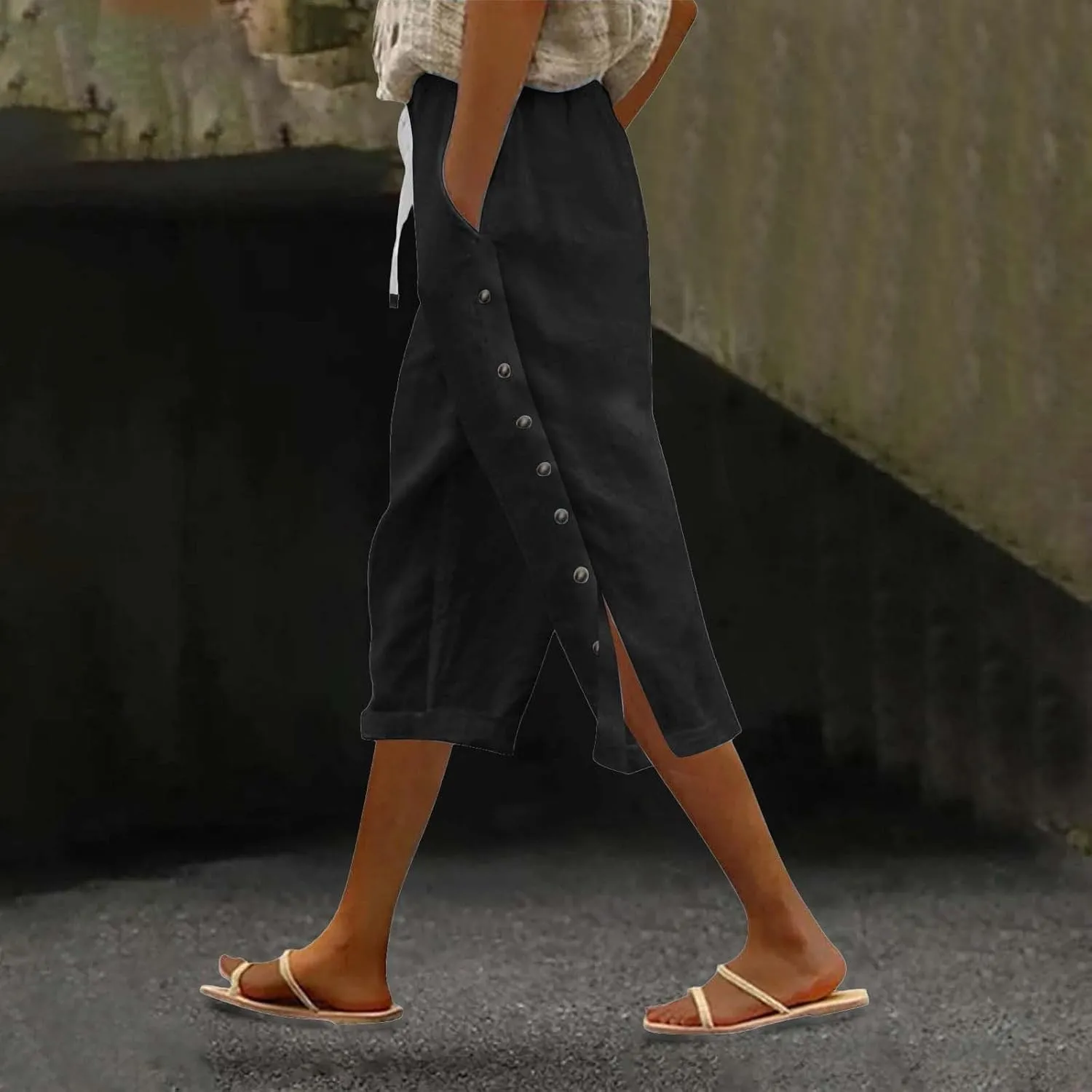 Linen Pants for Women,2025 Summer Elastic Straight Leg Cropped Capris Casual Side Button Beach Trouser with Pockets