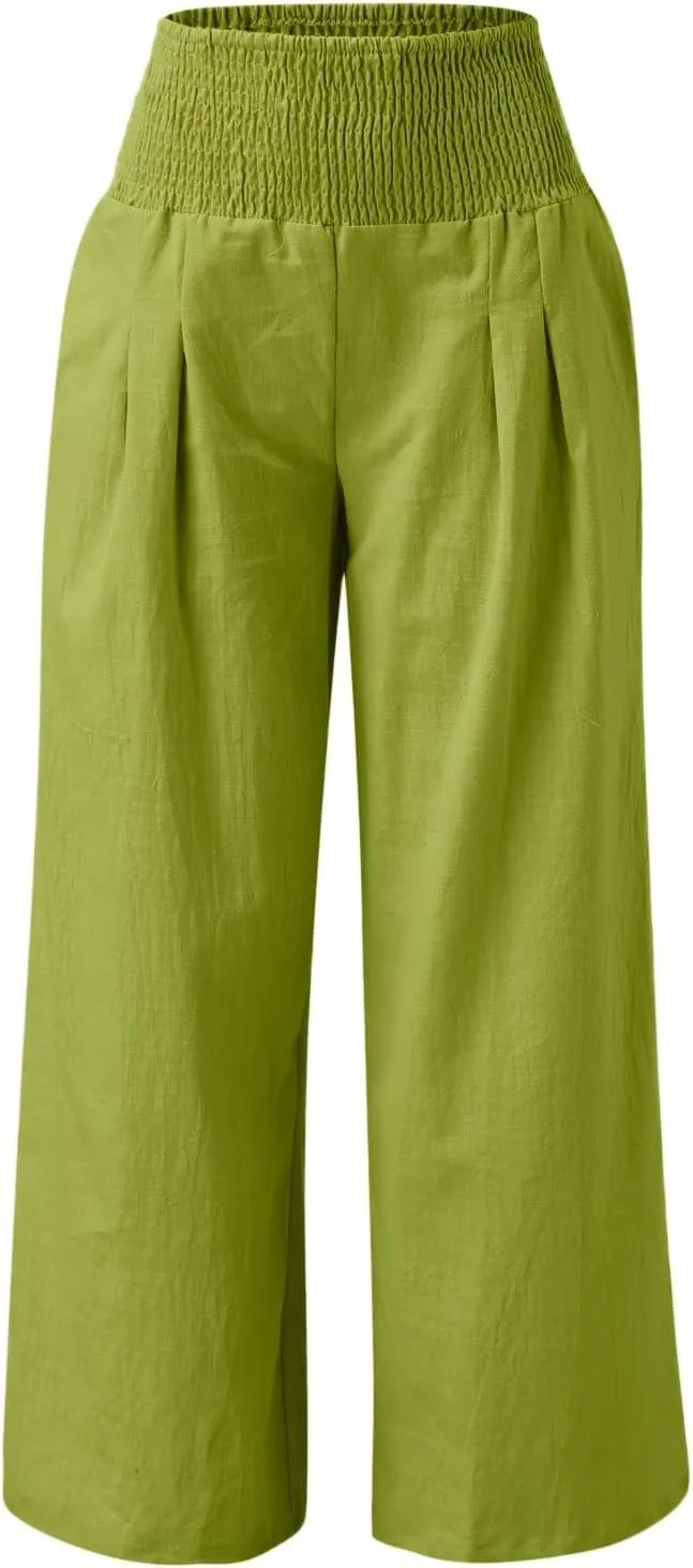 Linen Pants Women Comfy Flowy Wide Leg Pants Trousers Summer High Waisted Beach Palazzo Pants with Pockets 2024