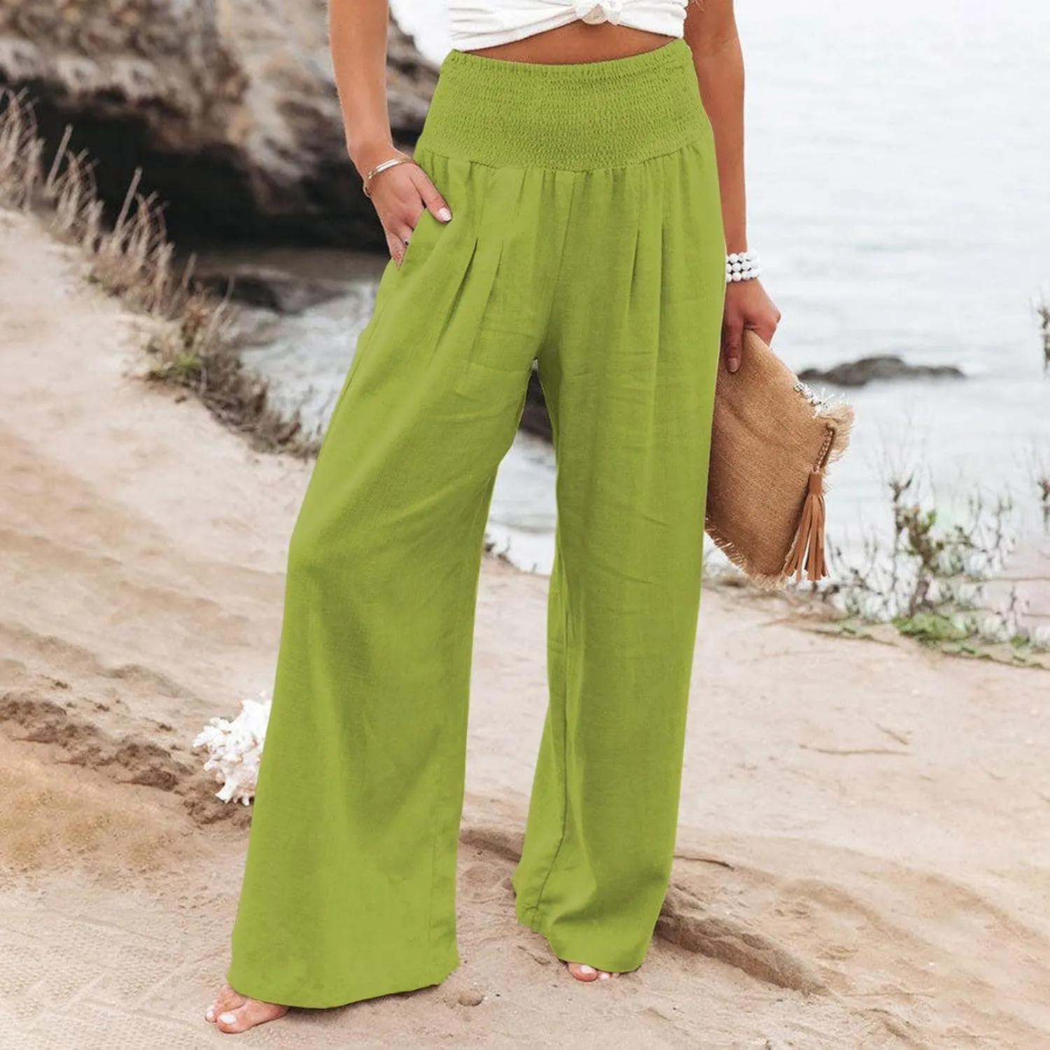 Linen Pants Women Comfy Flowy Wide Leg Pants Trousers Summer High Waisted Beach Palazzo Pants with Pockets 2024