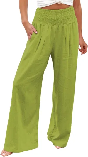 Linen Pants Women Comfy Flowy Wide Leg Pants Trousers Summer High Waisted Beach Palazzo Pants with Pockets 2024