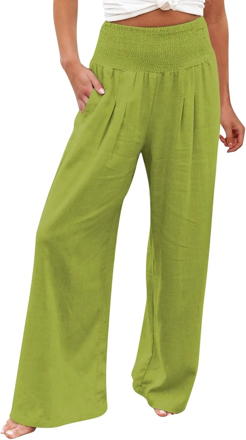 Linen Pants Women Comfy Flowy Wide Leg Pants Trousers Summer High Waisted Beach Palazzo Pants with Pockets 2024