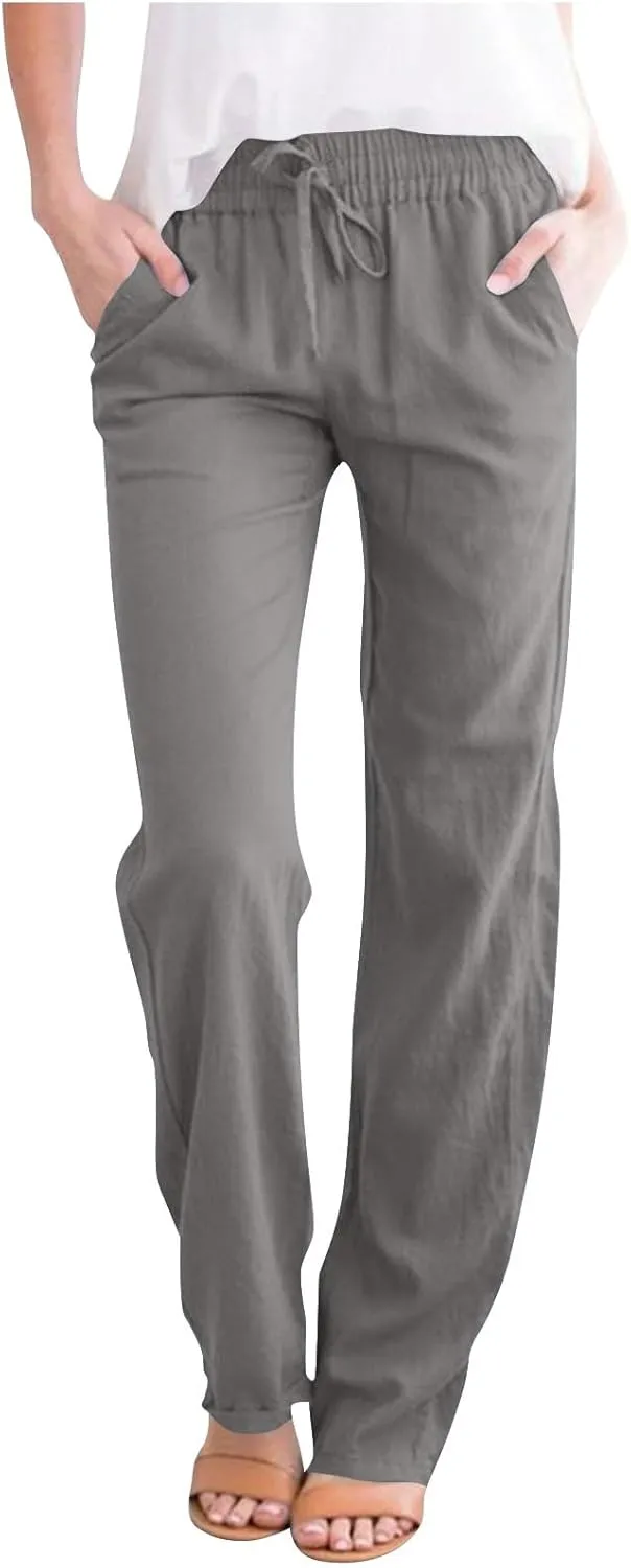 Linen Pants Women Drawstring Straight Leg Pants Casual Lightweight Summer Pants Loose Fit Trousers with Pockets