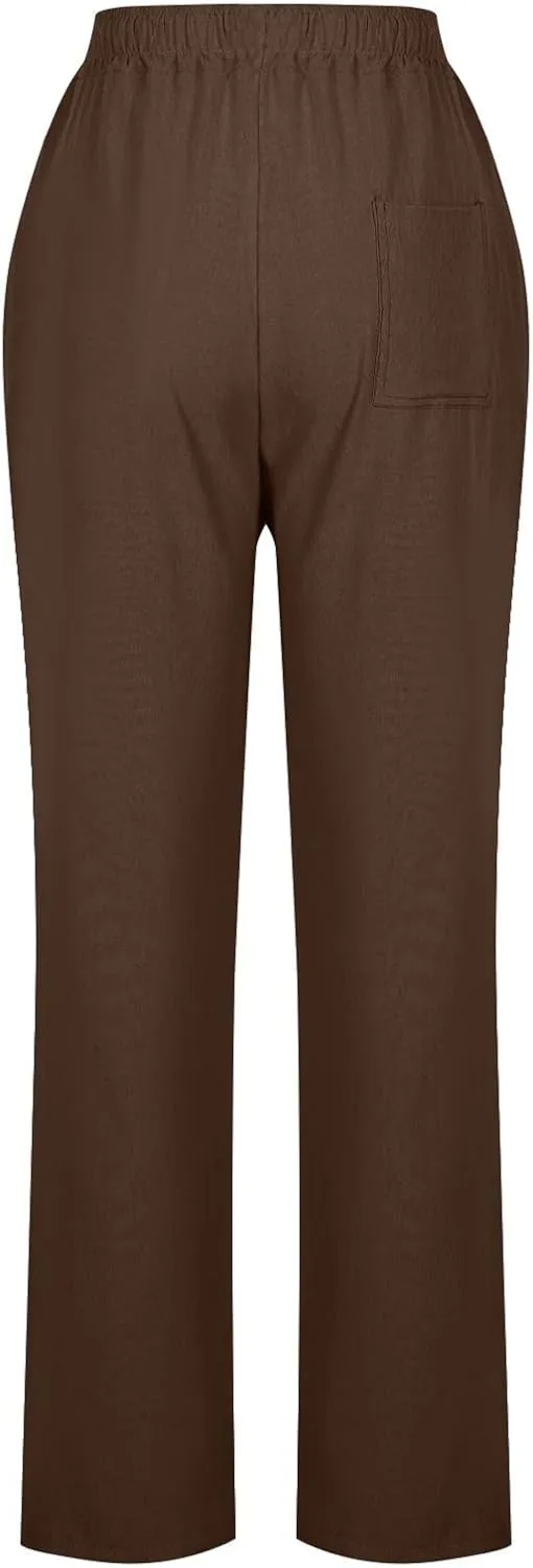 Linen Pants Women Drawstring Straight Leg Pants Casual Lightweight Summer Pants Loose Fit Trousers with Pockets
