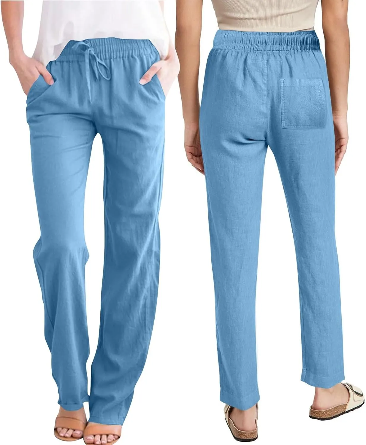 Linen Pants Women Drawstring Straight Leg Pants Casual Lightweight Summer Pants Loose Fit Trousers with Pockets