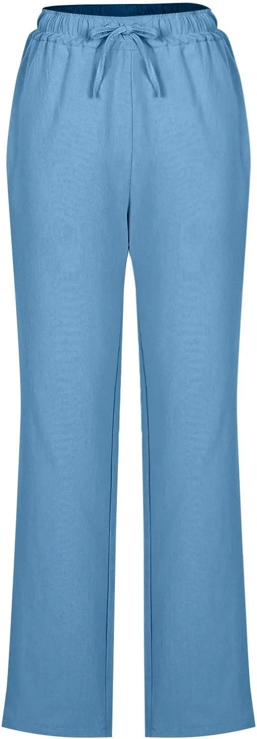 Linen Pants Women Drawstring Straight Leg Pants Casual Lightweight Summer Pants Loose Fit Trousers with Pockets