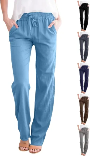 Linen Pants Women Drawstring Straight Leg Pants Casual Lightweight Summer Pants Loose Fit Trousers with Pockets