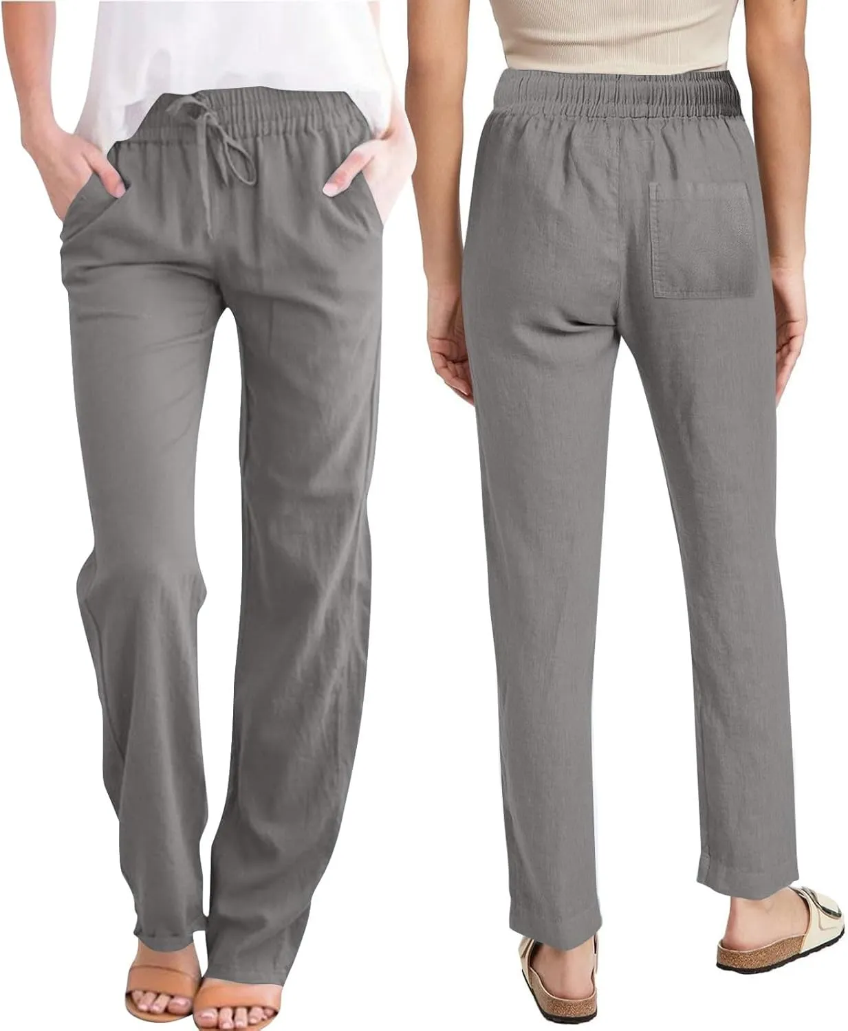 Linen Pants Women Drawstring Straight Leg Pants Casual Lightweight Summer Pants Loose Fit Trousers with Pockets