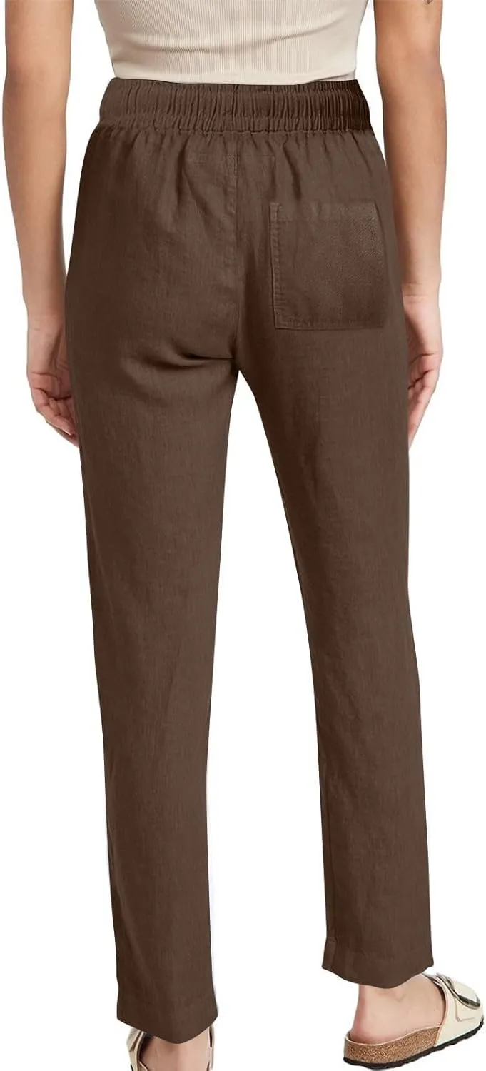 Linen Pants Women Drawstring Straight Leg Pants Casual Lightweight Summer Pants Loose Fit Trousers with Pockets
