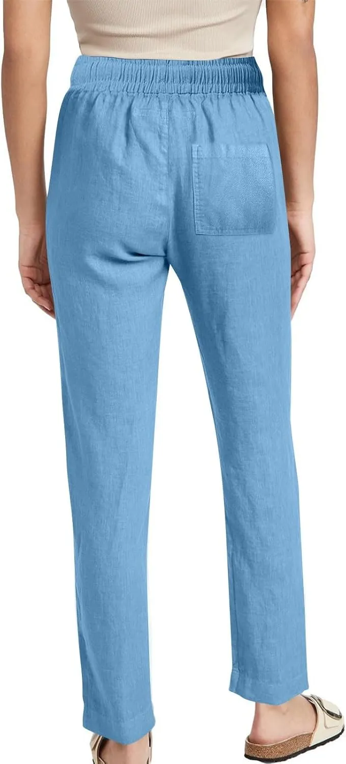 Linen Pants Women Drawstring Straight Leg Pants Casual Lightweight Summer Pants Loose Fit Trousers with Pockets