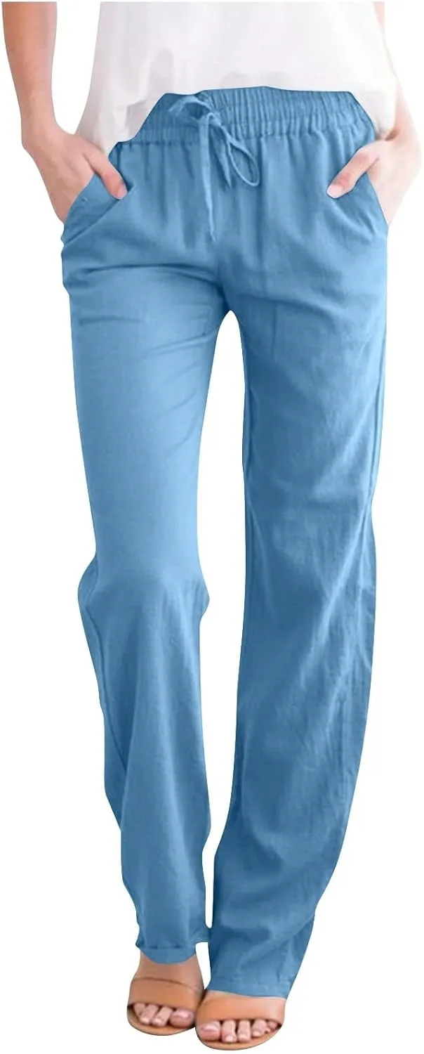 Linen Pants Women Drawstring Straight Leg Pants Casual Lightweight Summer Pants Loose Fit Trousers with Pockets