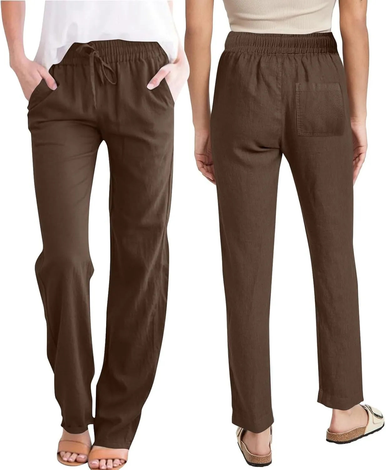 Linen Pants Women Drawstring Straight Leg Pants Casual Lightweight Summer Pants Loose Fit Trousers with Pockets