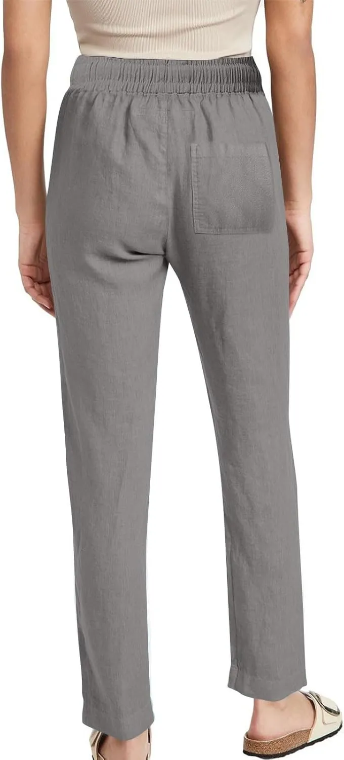 Linen Pants Women Drawstring Straight Leg Pants Casual Lightweight Summer Pants Loose Fit Trousers with Pockets