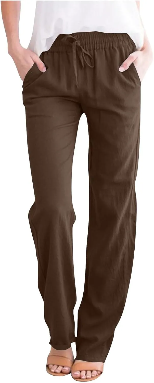 Linen Pants Women Drawstring Straight Leg Pants Casual Lightweight Summer Pants Loose Fit Trousers with Pockets