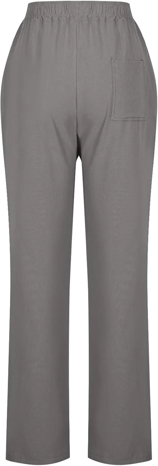 Linen Pants Women Drawstring Straight Leg Pants Casual Lightweight Summer Pants Loose Fit Trousers with Pockets
