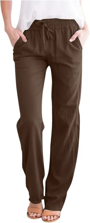 Linen Pants Women Drawstring Straight Leg Pants Casual Lightweight Summer Pants Loose Fit Trousers with Pockets