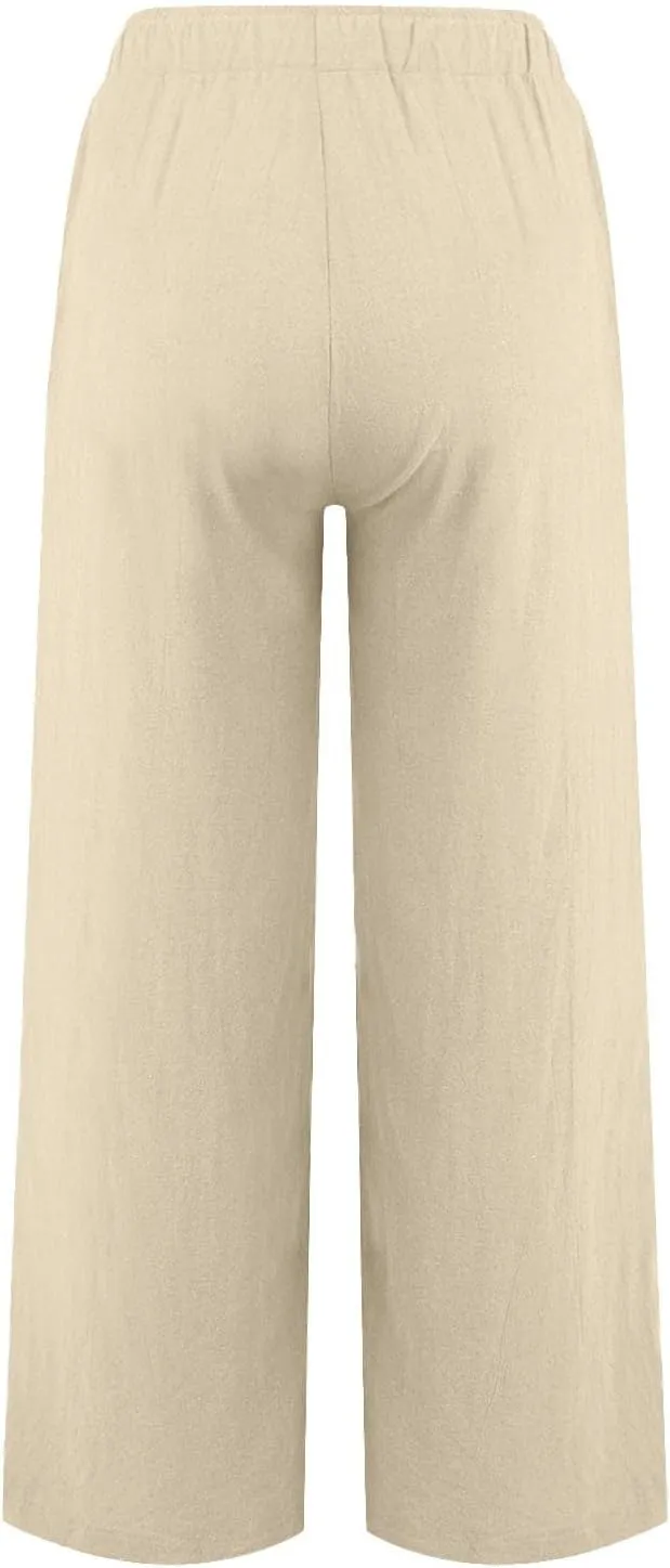 Linen Pants Women Summer Wide Leg Pants Drawstring Elastic Waist Pants High Waisted Lounge Pants Casual Beach Trousers