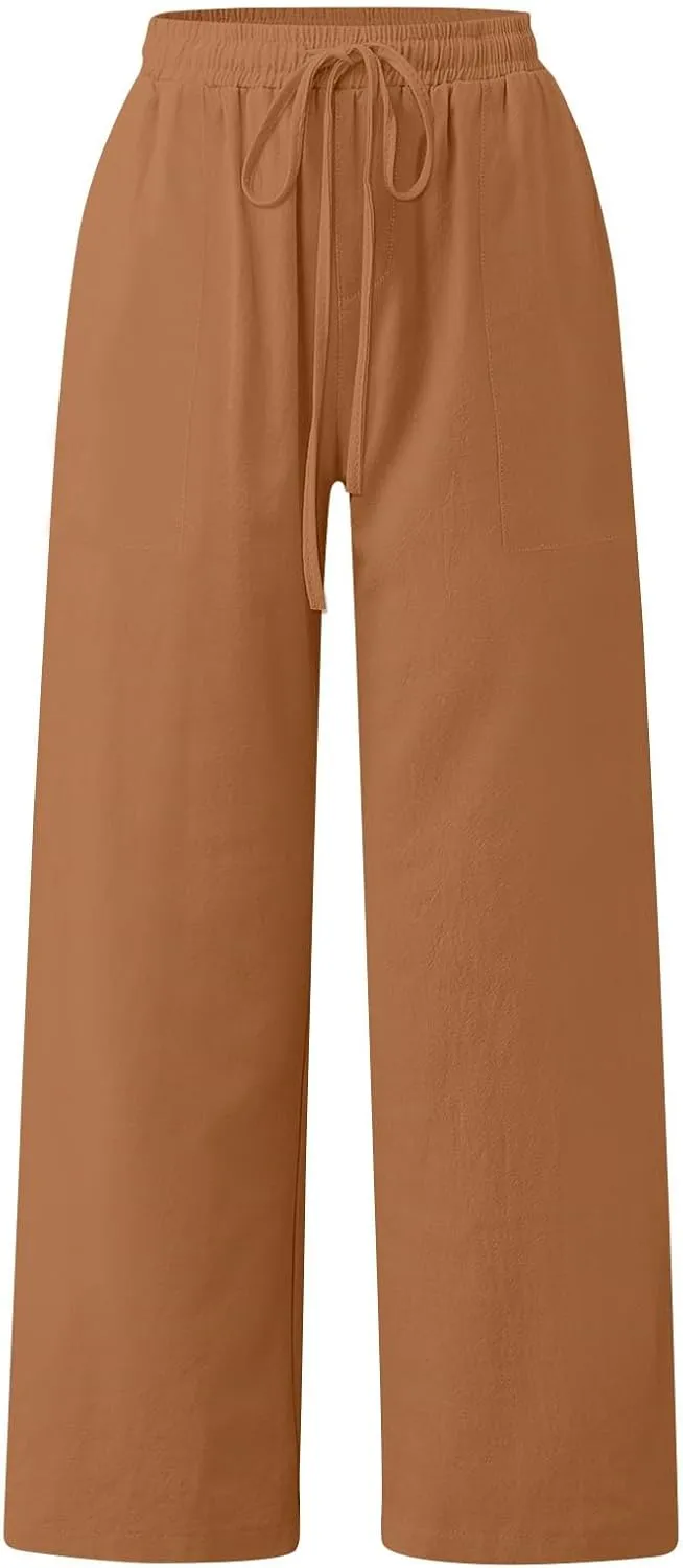 Linen Pants Women Summer Wide Leg Pants Drawstring Elastic Waist Pants High Waisted Lounge Pants Casual Beach Trousers