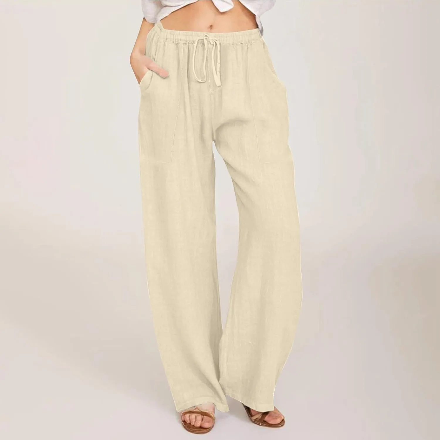 Linen Pants Women Summer Wide Leg Pants Drawstring Elastic Waist Pants High Waisted Lounge Pants Casual Beach Trousers