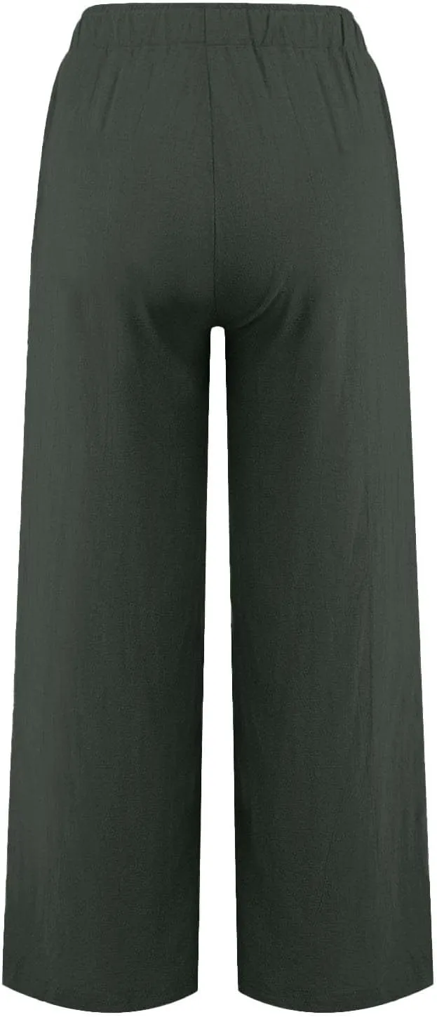 Linen Pants Women Summer Wide Leg Pants Drawstring Elastic Waist Pants High Waisted Lounge Pants Casual Beach Trousers
