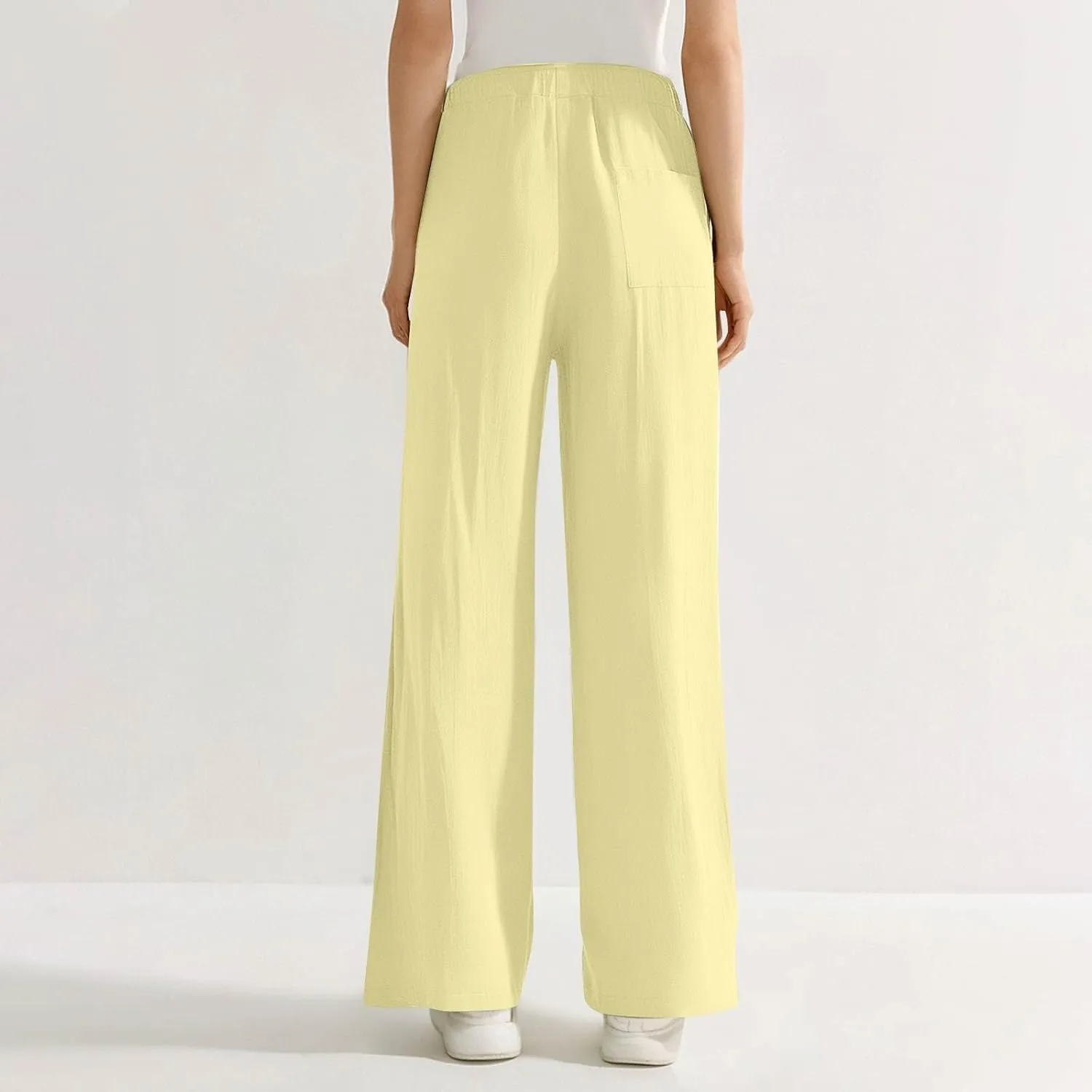 Linen Pants Women Summer Wide Leg Pants Drawstring Elastic Waist Pants High Waisted Lounge Pants Casual Beach Trousers