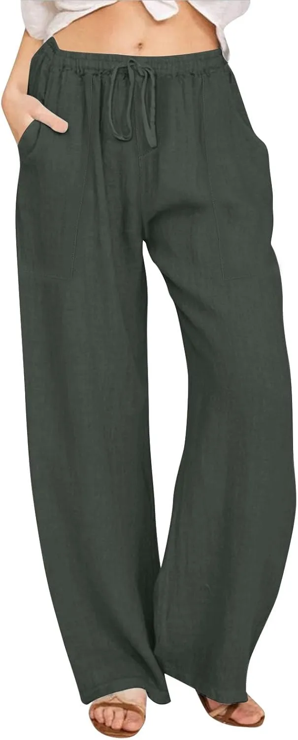 Linen Pants Women Summer Wide Leg Pants Drawstring Elastic Waist Pants High Waisted Lounge Pants Casual Beach Trousers