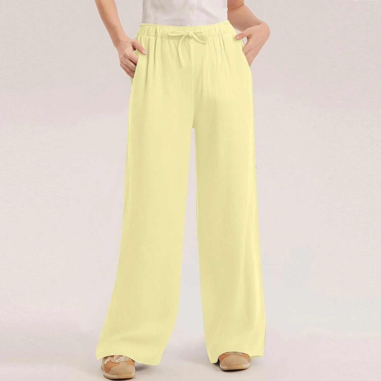 Linen Pants Women Summer Wide Leg Pants Drawstring Elastic Waist Pants High Waisted Lounge Pants Casual Beach Trousers